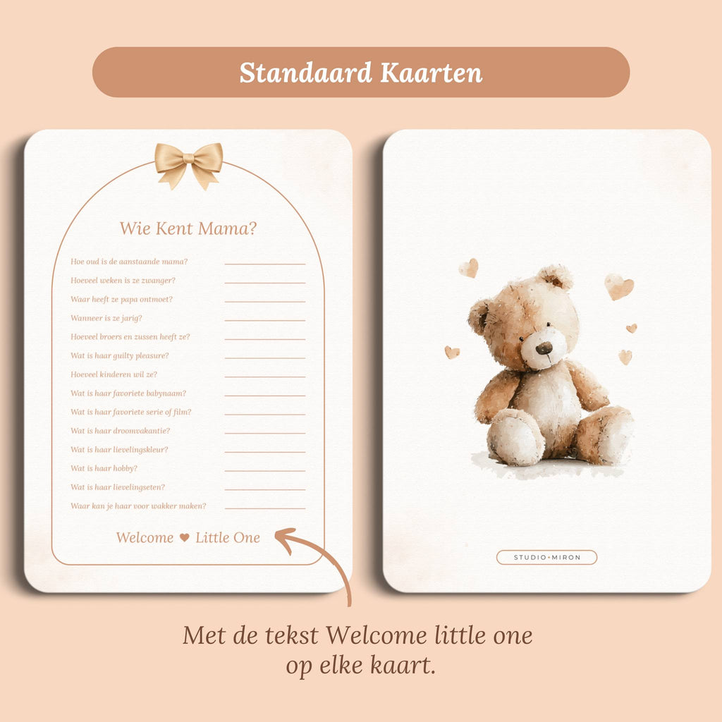 Babyshower spelletjes wie kent mama boho beige beertje standaard voor en achter Studio Miron
