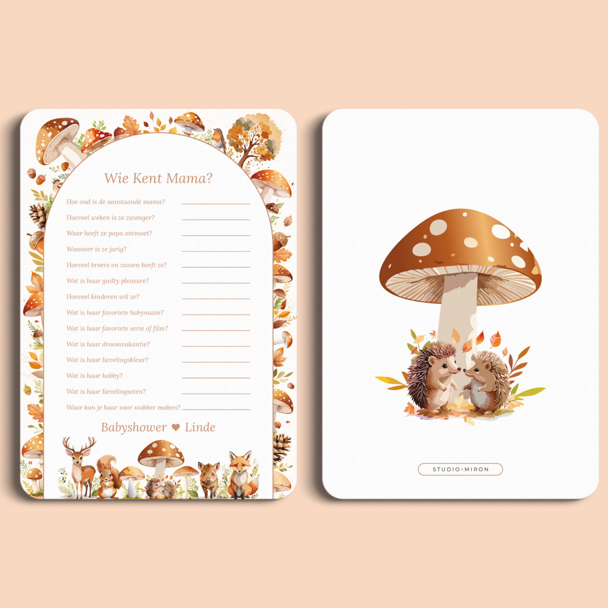 Babyshower spelkaart Wie kent Mama in Bosdieren stijl, voor- en achterkant – Studio Miron