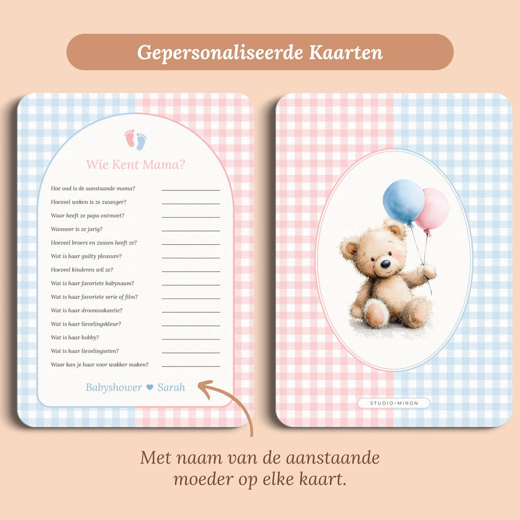 Babyshower spelletjes wie kent mama gingham roze blauw gepersonaliseerd voor en achter Studio Miron