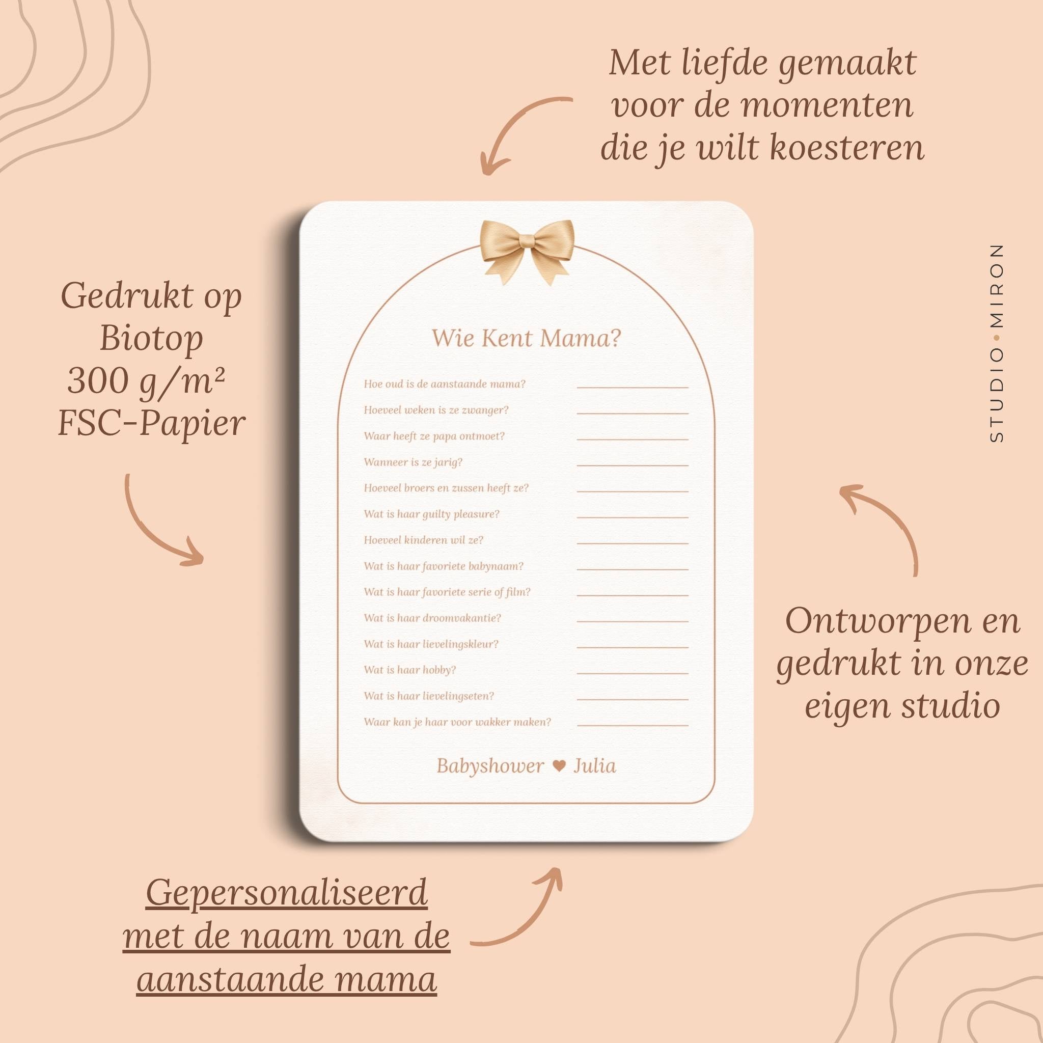 Babyshower spel Wie kent Mama in Boho Beige Beertje stijl, pluspunten – Studio Miron