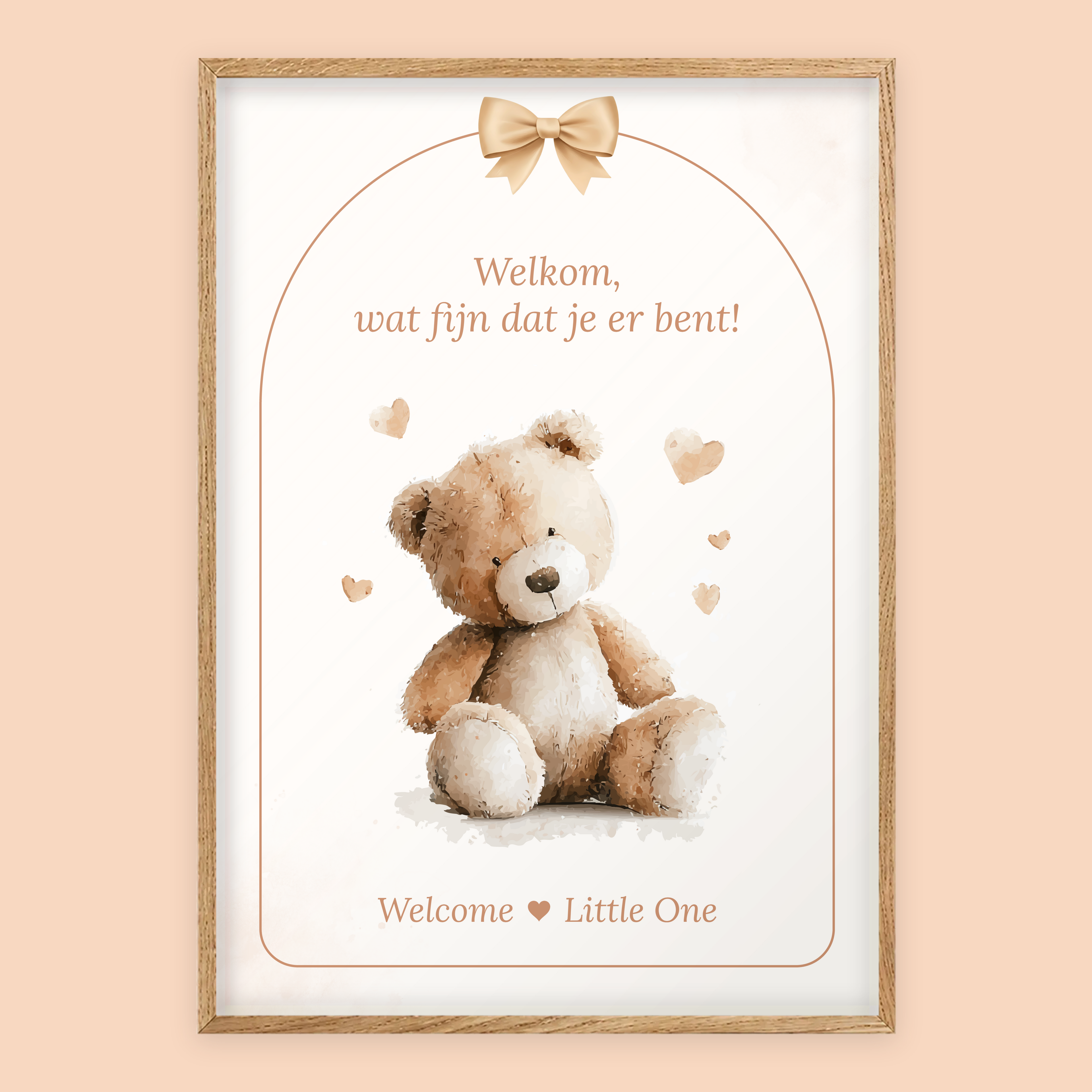 Babyshower welkomstposter in Boho Beige in eiken lijst, standaardversie met Welcome Little One – Studio Miron
