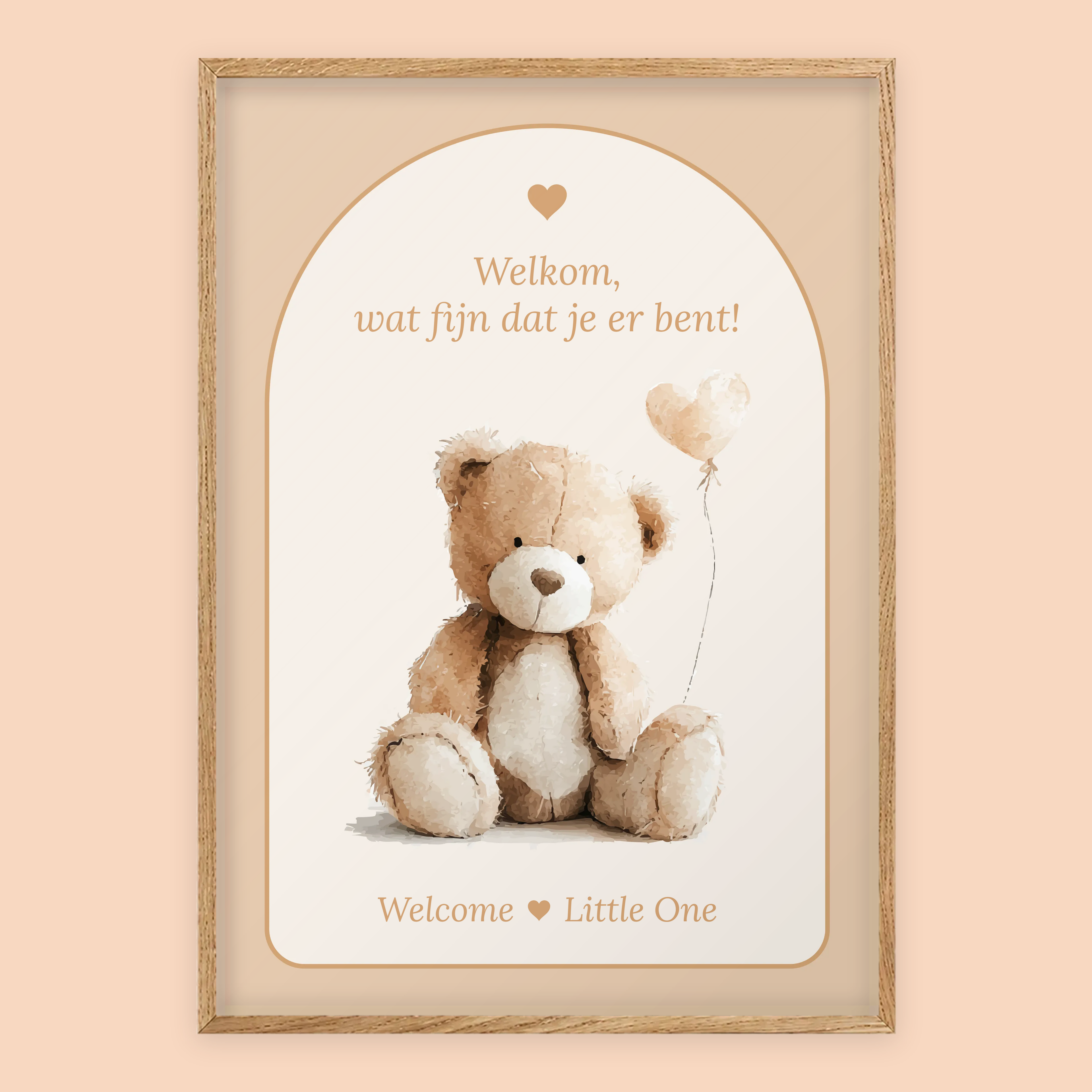 Babyshower welkomstposter in Boho Zand met beertje in eiken lijst, standaardversie met Welcome Little One – Studio Miron