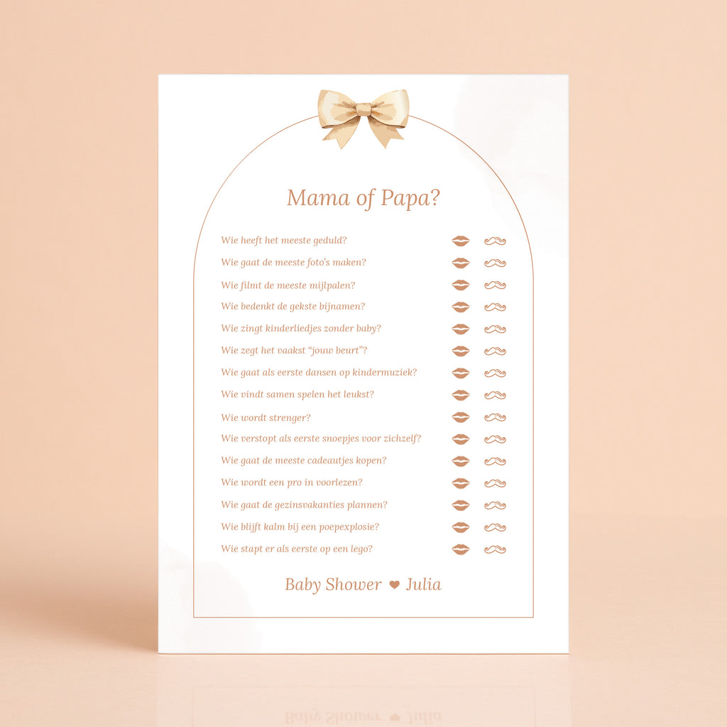 Boho babyshower spelkaart Mama of Papa met beige tinten en strik, gepersonaliseerd met naam – Studio Miron