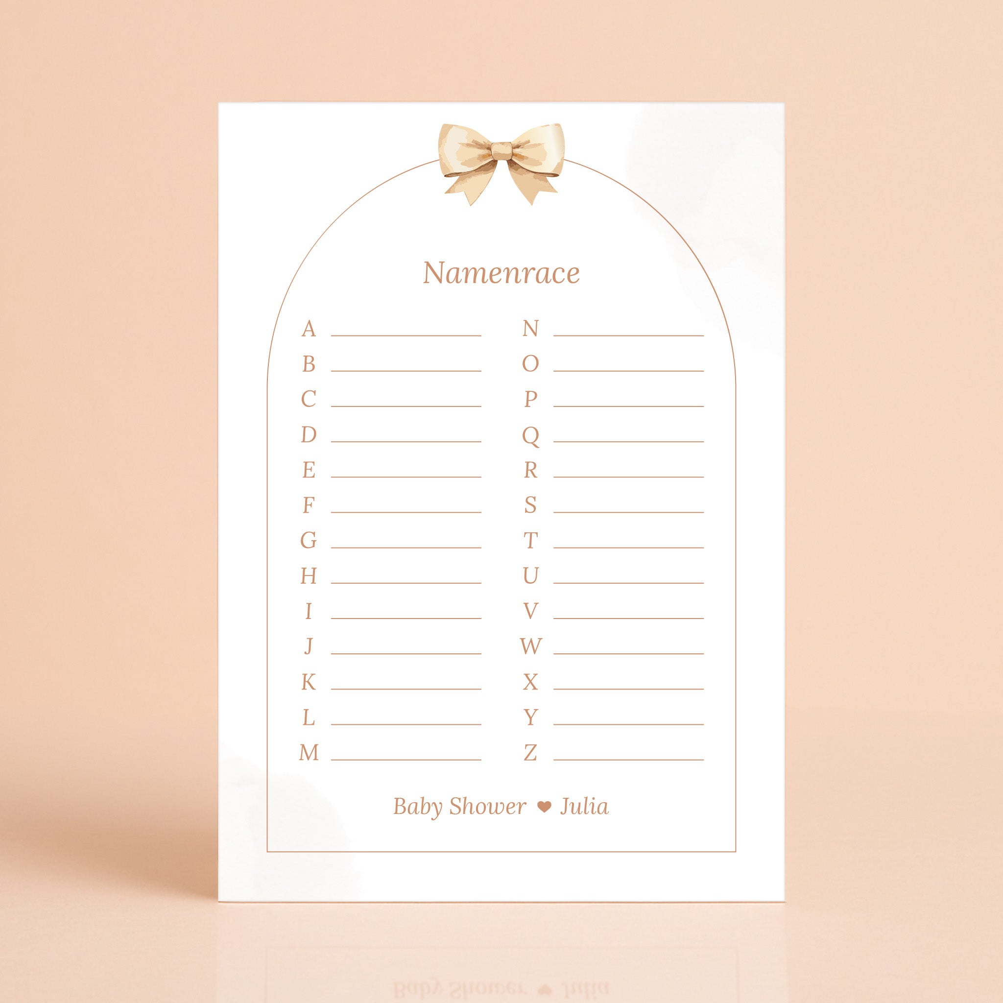 Boho babyshower spelkaart Namenrace met beige tinten en strik, gepersonaliseerd met naam – Studio Miron