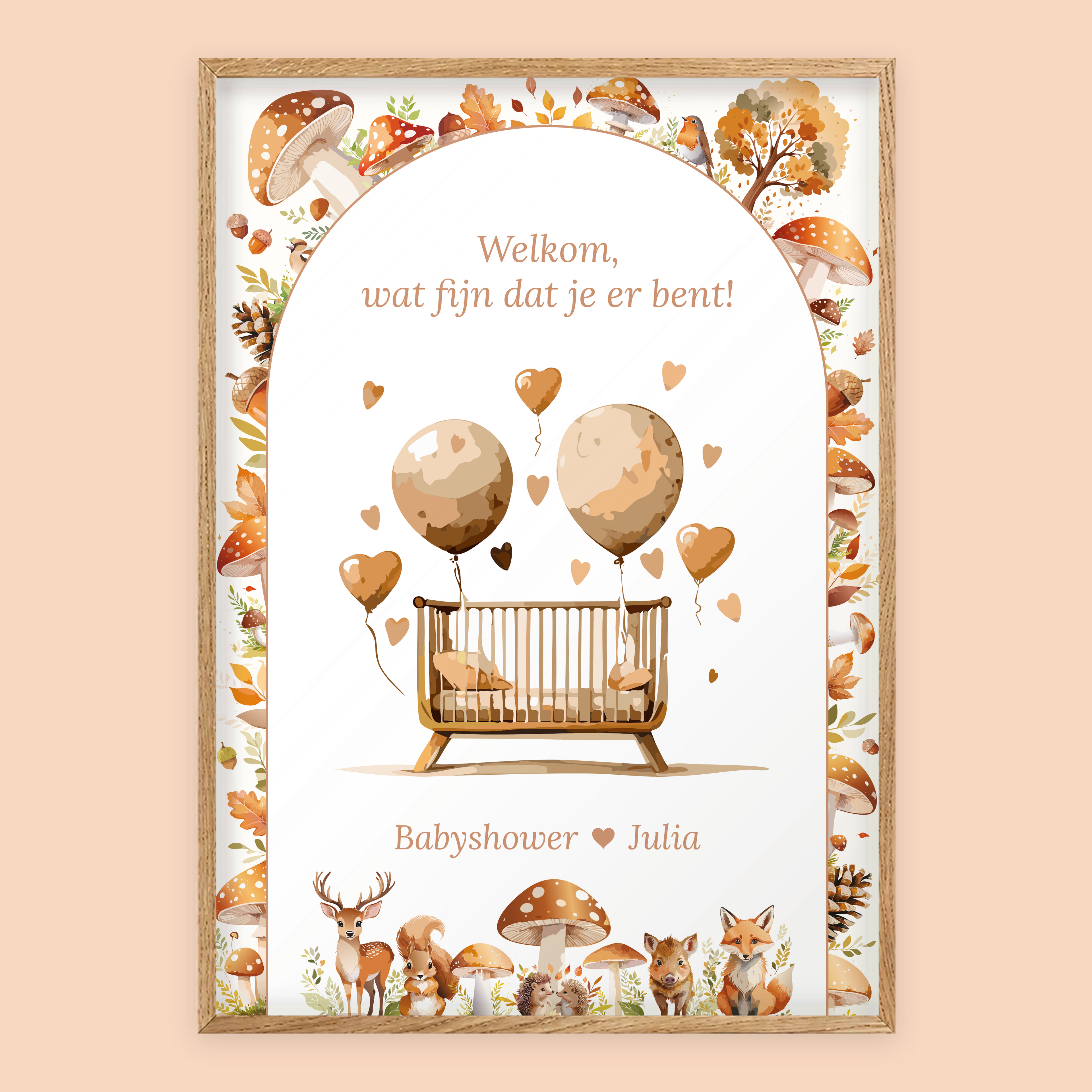 Babyshower welkomstposter in Bosdieren in eiken lijst, gepersonaliseerd met eigen tekst – Studio Miron