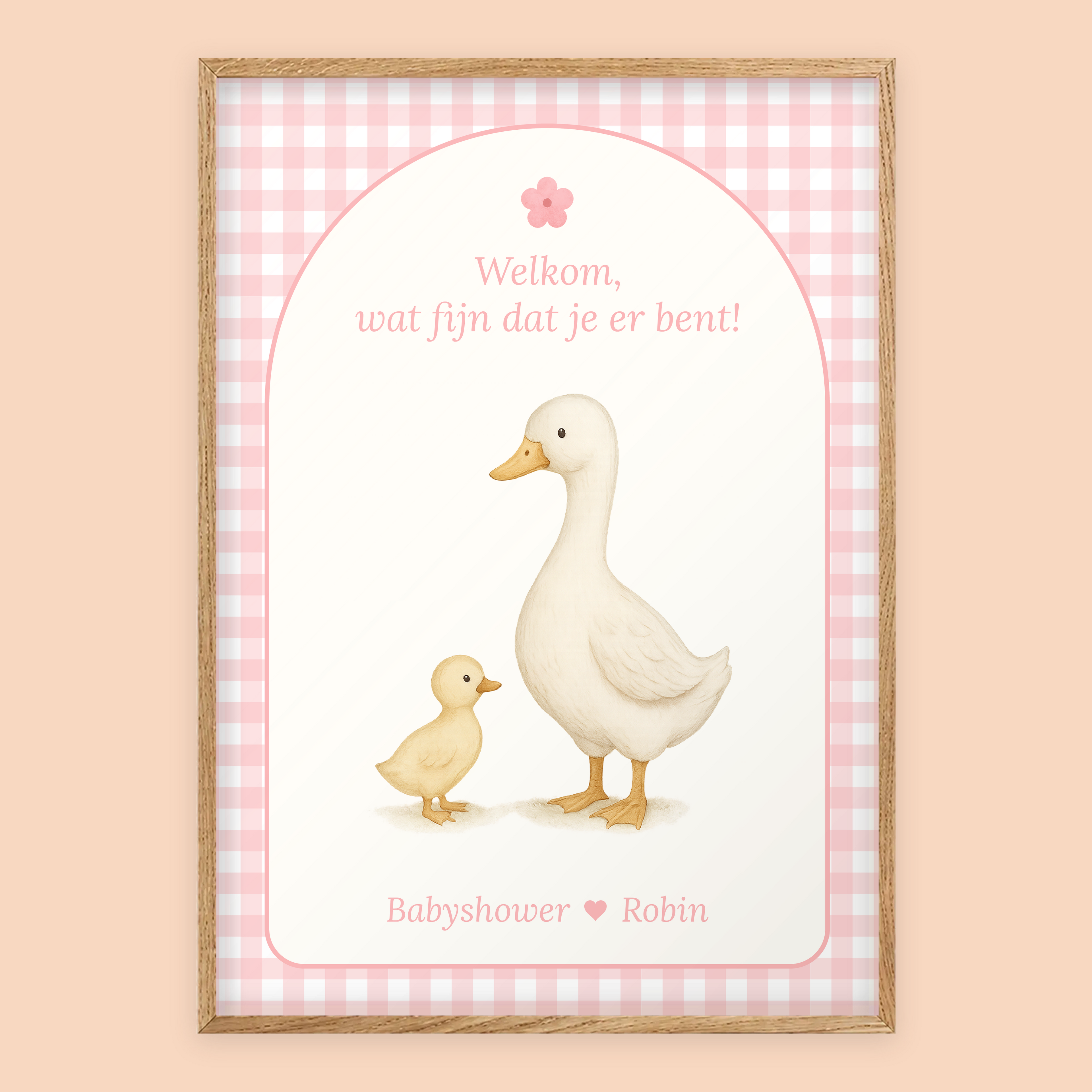 Babyshower welkomstposter in Gingham Roze in eiken lijst, gepersonaliseerd met eigen tekst – Studio Miron