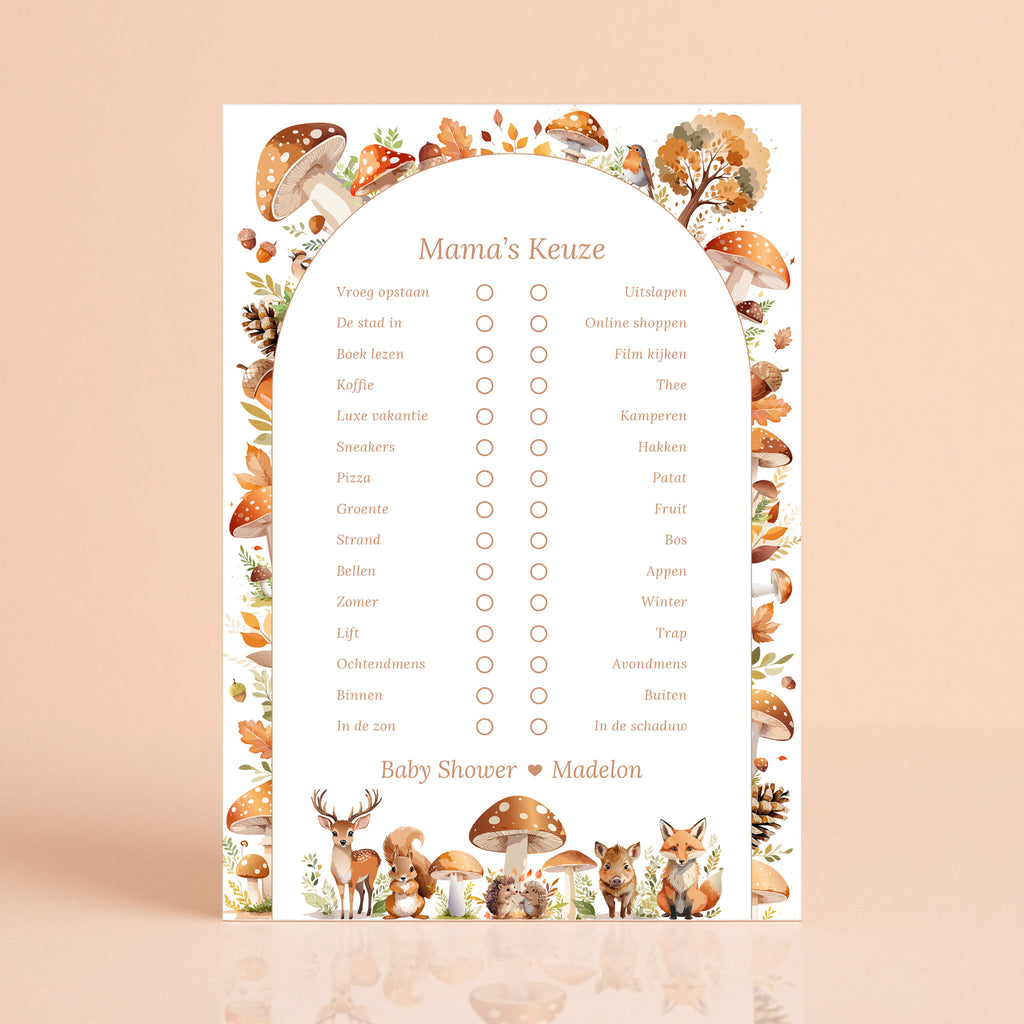 Mama's Keuze kaart in Bosdieren stijl met hert, vos en paddenstoelen, gepersonaliseerd met naam – Studio Miron