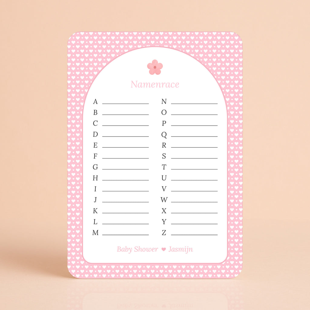 Namenrace kaart met witte hartjes op roze achtergrond en bloemaccent, gepersonaliseerd met naam – Studio Miron