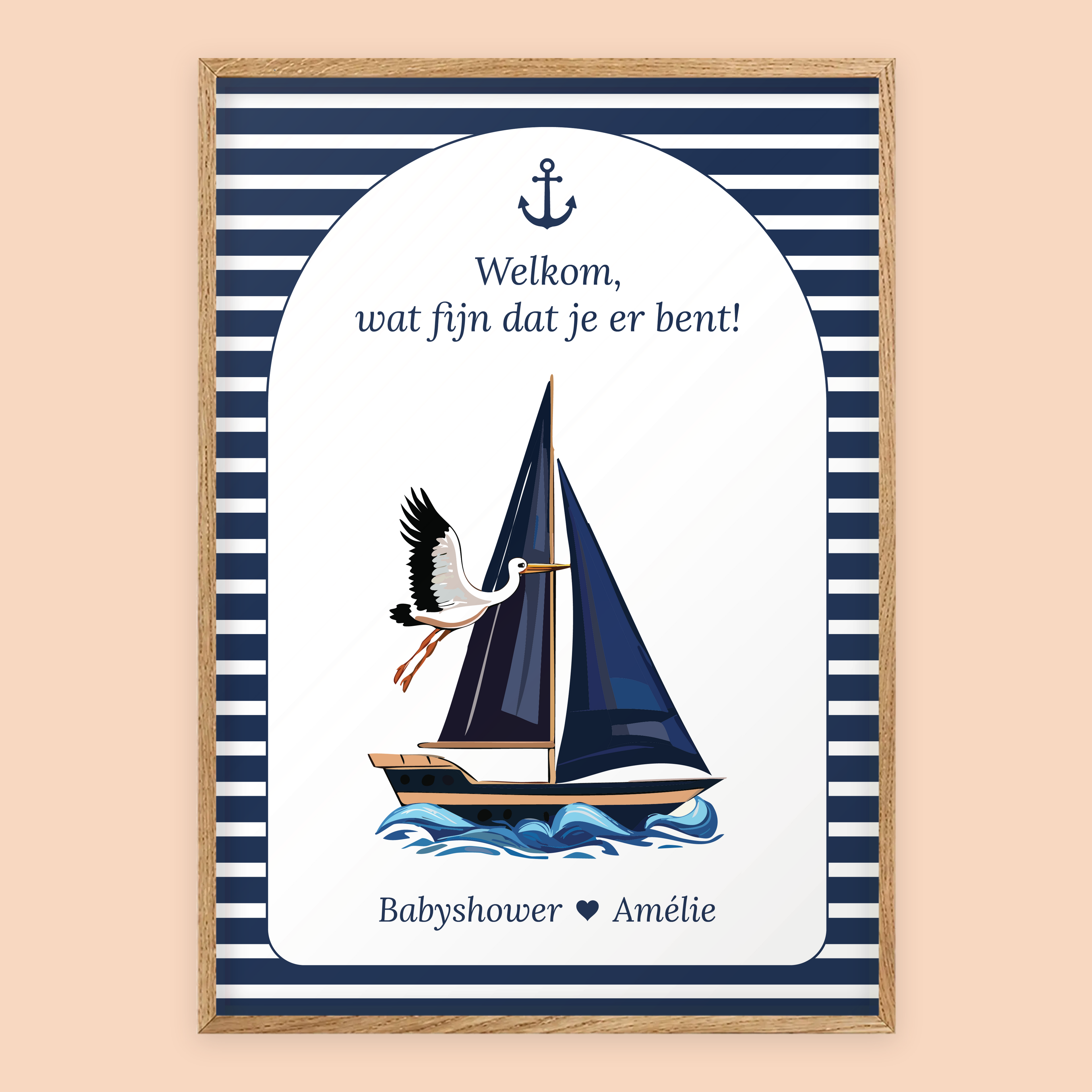 Babyshower welkomstposter in Navy Blue in eiken lijst, gepersonaliseerd met eigen tekst – Studio Miron
