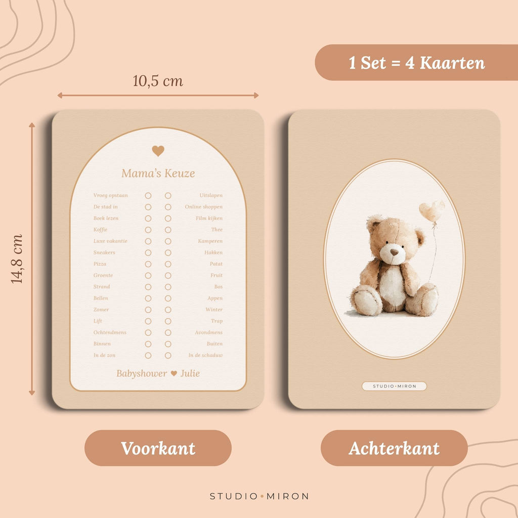 Set 4 kaarten babyshower spelletjes mamas keuze formaat voorkant en achterkant boho beige zand Studio Miron